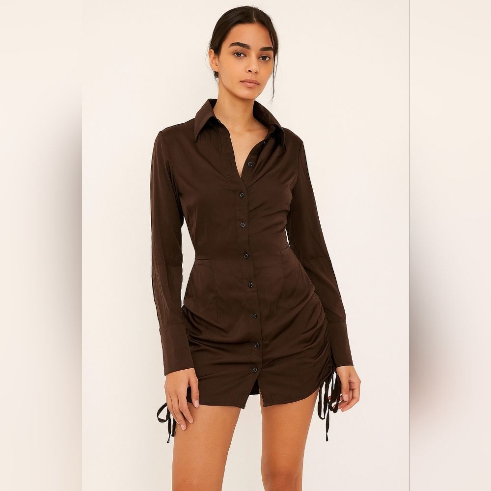 Brown Ruched Hem S Shirt Dress Satin Feel Witchcore Royalcore Date Night